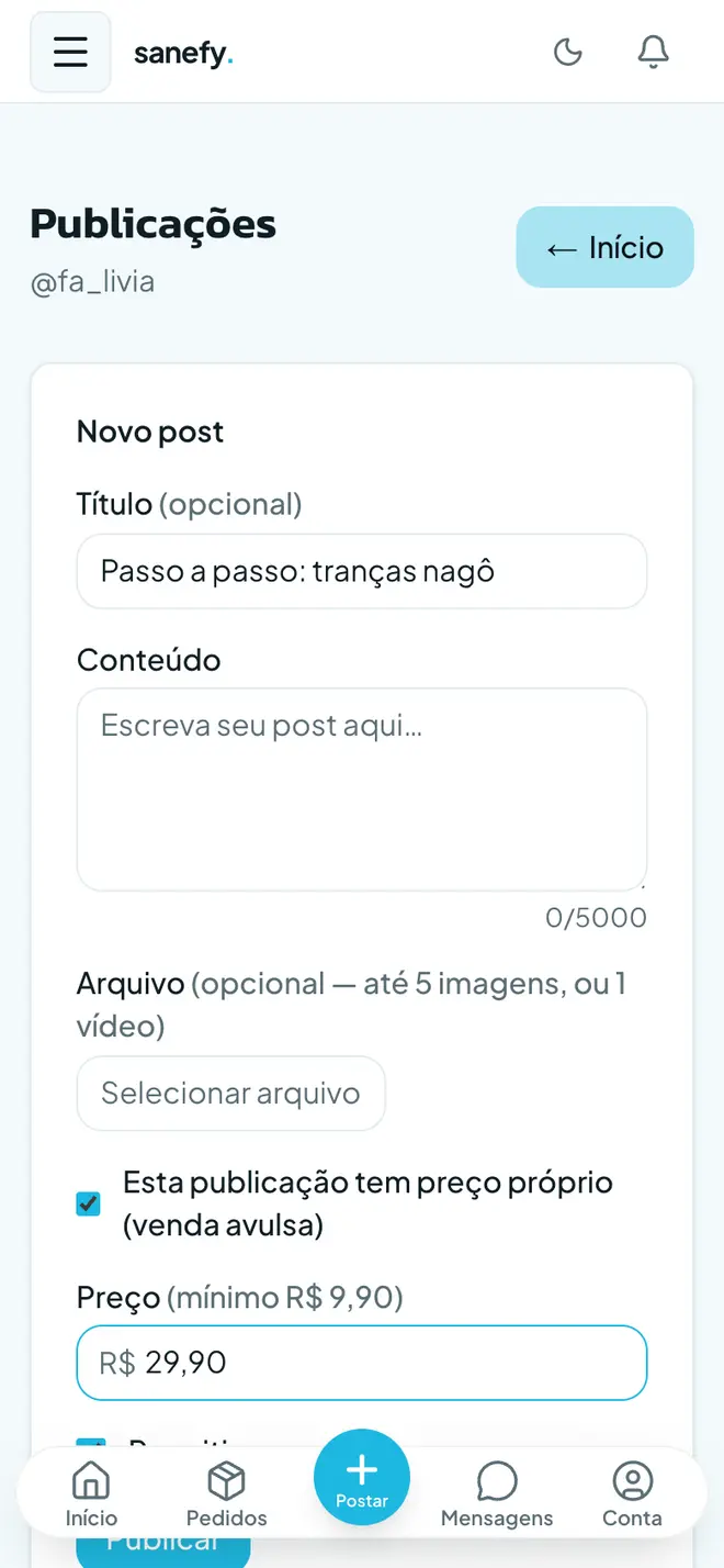 Tela de novo post na Sanefy, com o campo de preço em R$ 29,90