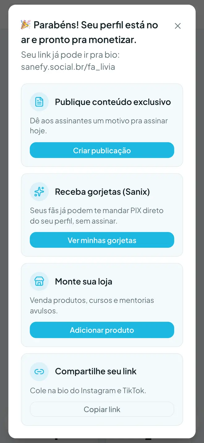 Tela da Sanefy mostrando o link do perfil pronto para a bio
