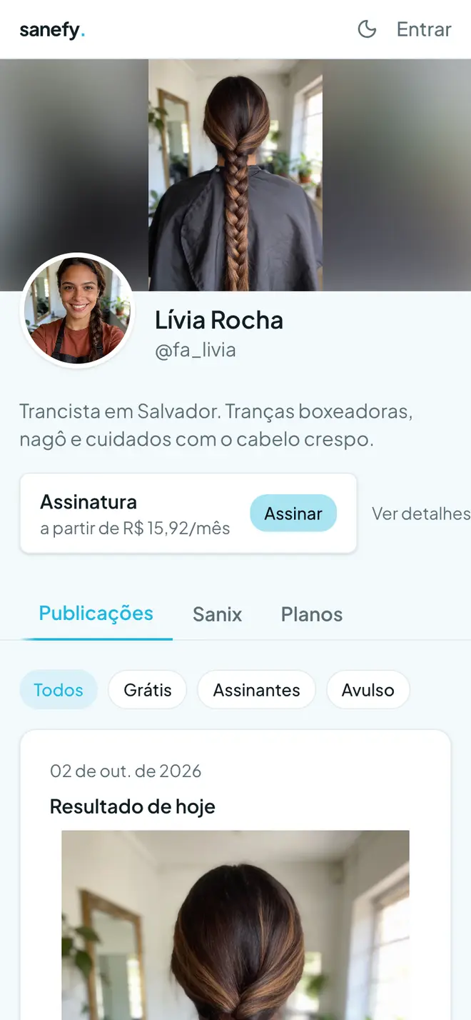 Página pública da criadora na Sanefy