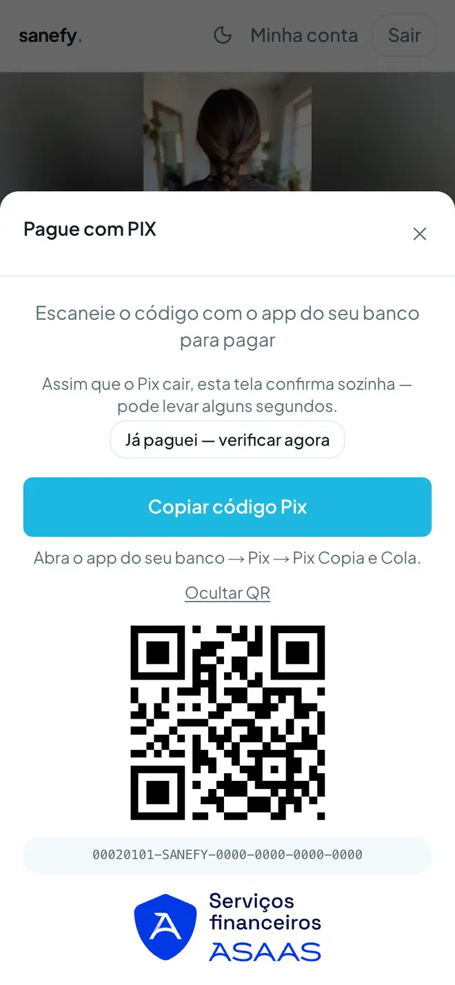 Tela de pagamento no Pix com QR Code e o botão Copiar código Pix
