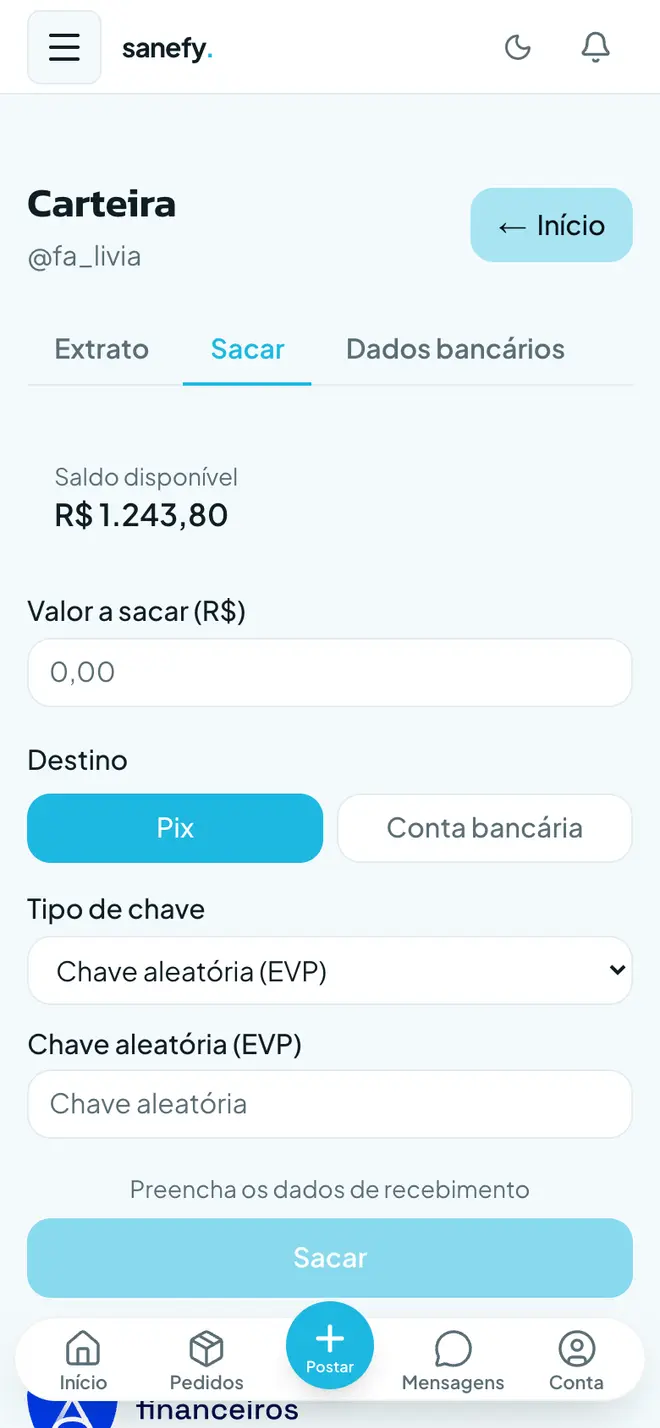 Carteira da criadora com saldo disponível e saque no Pix